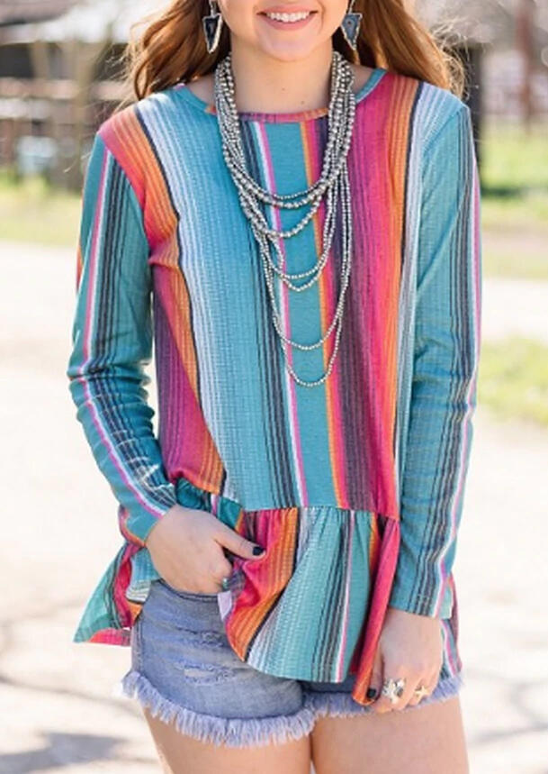 

Serape Striped Ruffled Long Sleeve Blouse, Multicolor, 483574