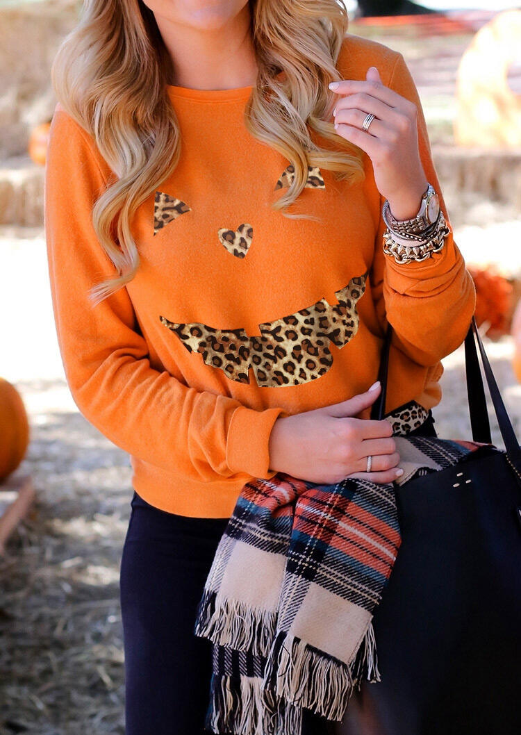 

Halloween Leopard Pumpkin Face Pullover Sweatshirt - Orange, 483661