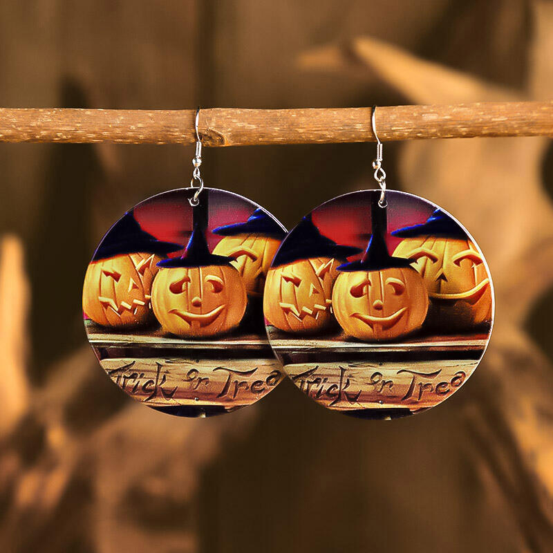 

Halloween Pumpkin Round Wooden Pendant Earrings, Pattern1;pattern2, 481511