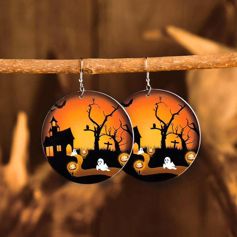 

Earrings Halloween Pumpkin Round Wooden Pendant Earrings in Pattern1. Size