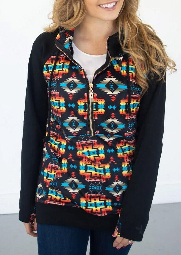 

Aztec Geometric Western Cowgirl Zipper Hoodie - Black, 482004