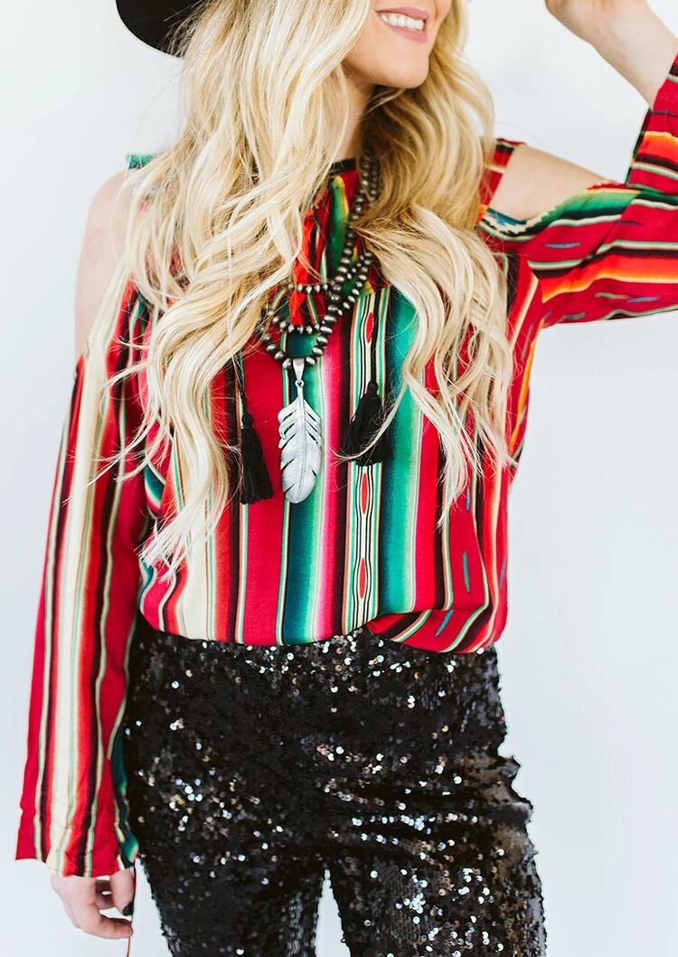 

Presale - Serape Striped Cold Shoulder Blouse without Necklace, Multicolor, 483299