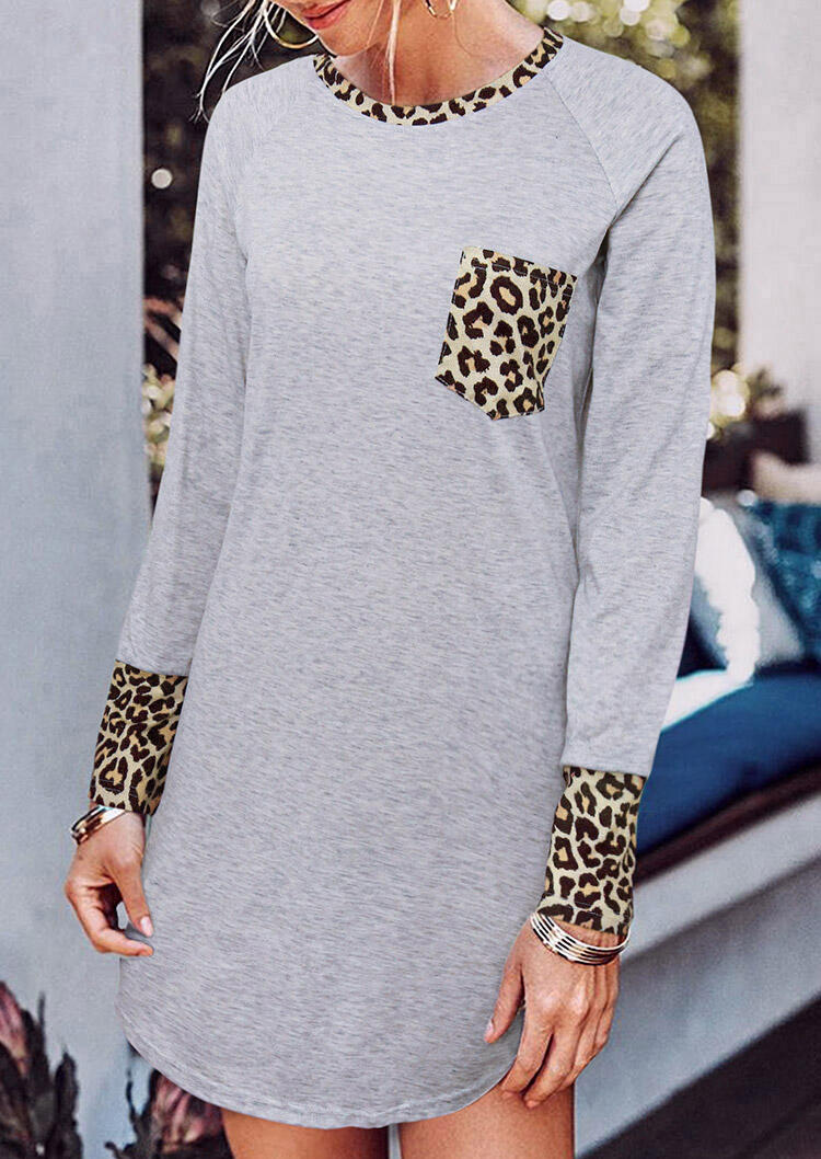 

Leopard Splicing Pocket Long Sleeve Mini Dress - Light Grey, 483458