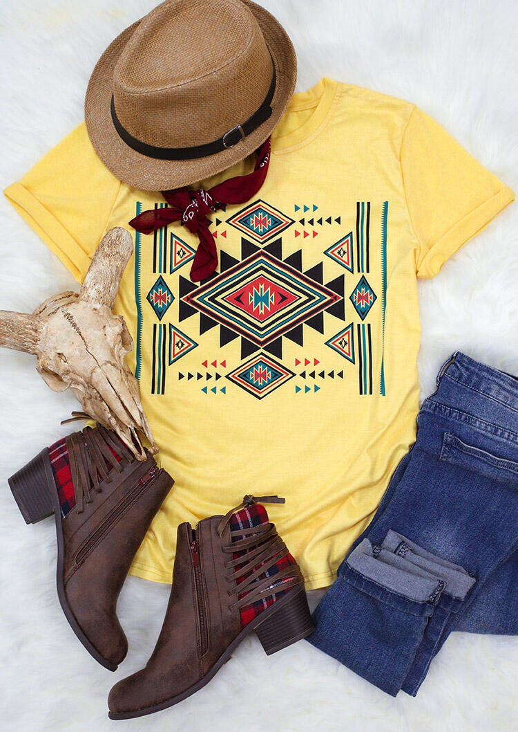 

Vintage Aztec Geometric O-Neck T-Shirt Tee - Yellow, 483497