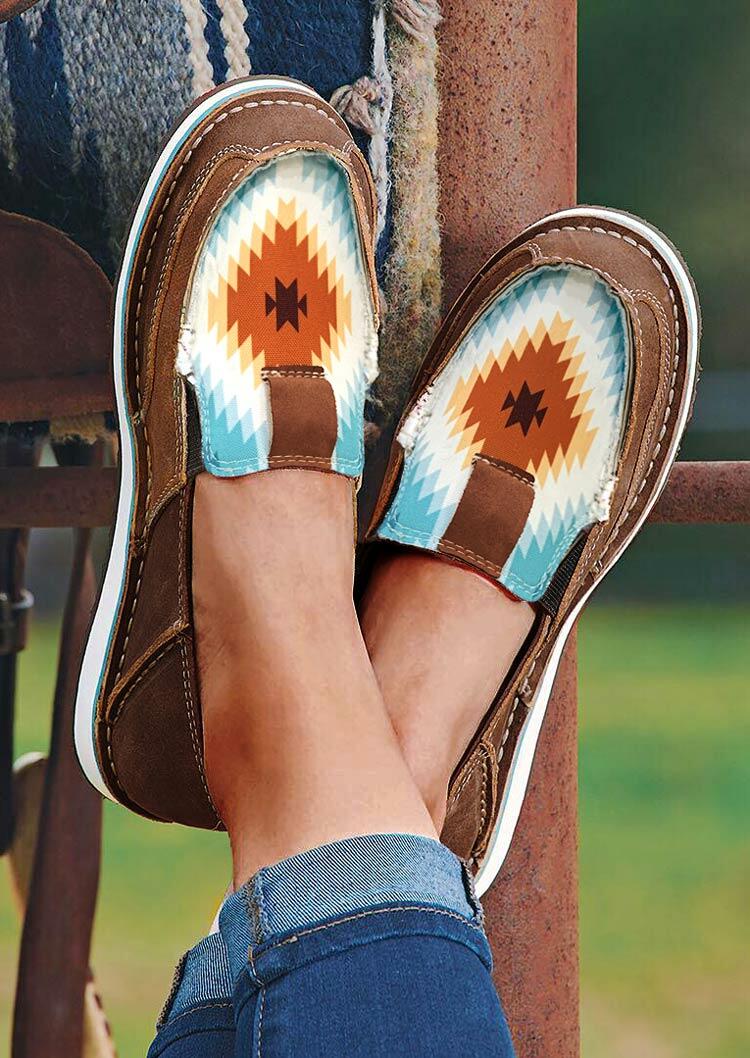 Aztec Geometric Slip On Flat Canvas Sneakers - Coffee