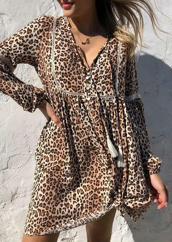 

Leopard Lace Splicing Tassel Drawstring Mini Dress, 483582
