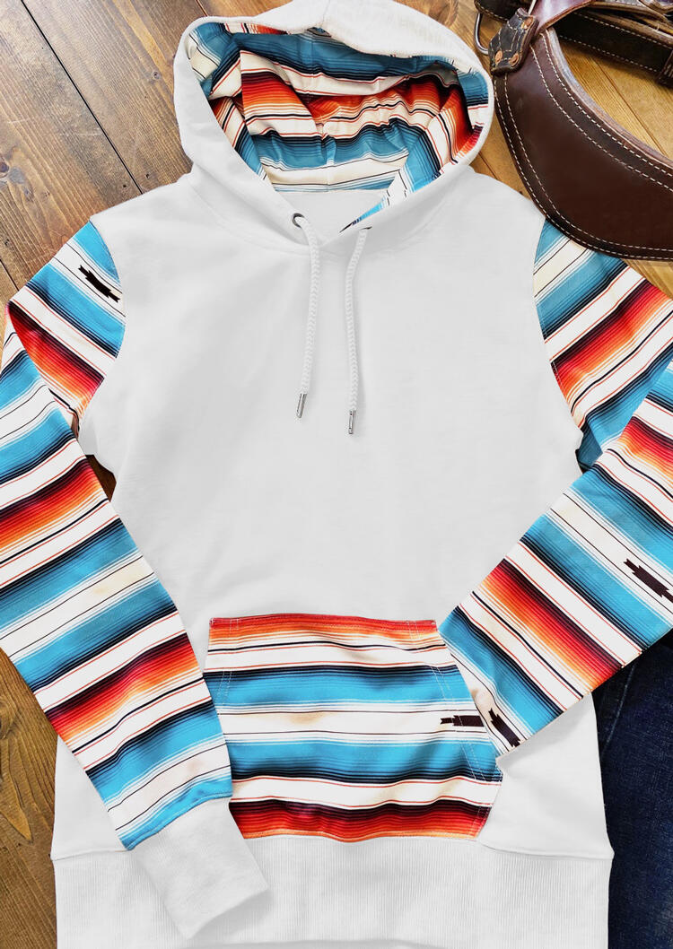 

Serape Striped Kangaroo Pocket Drawstring Hoodie - White, 483600