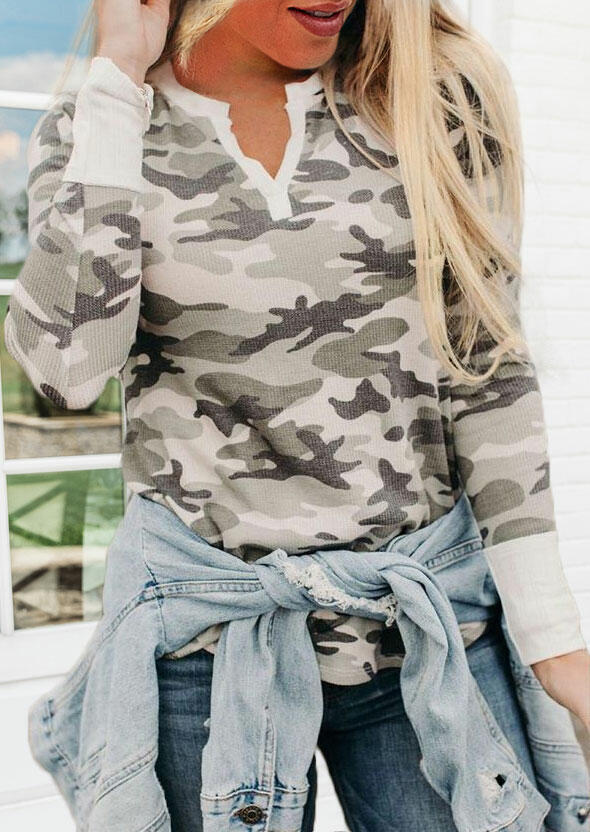 

Blouses Camouflage V-Neck Long Sleeve Blouse in Camouflage. Size
