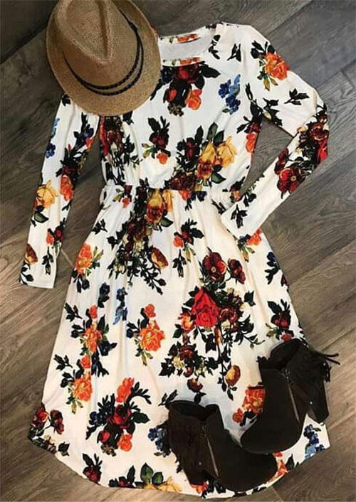 

Floral Ruffled O-Neck Long Sleeve Casual Dress, Multicolor, 483912