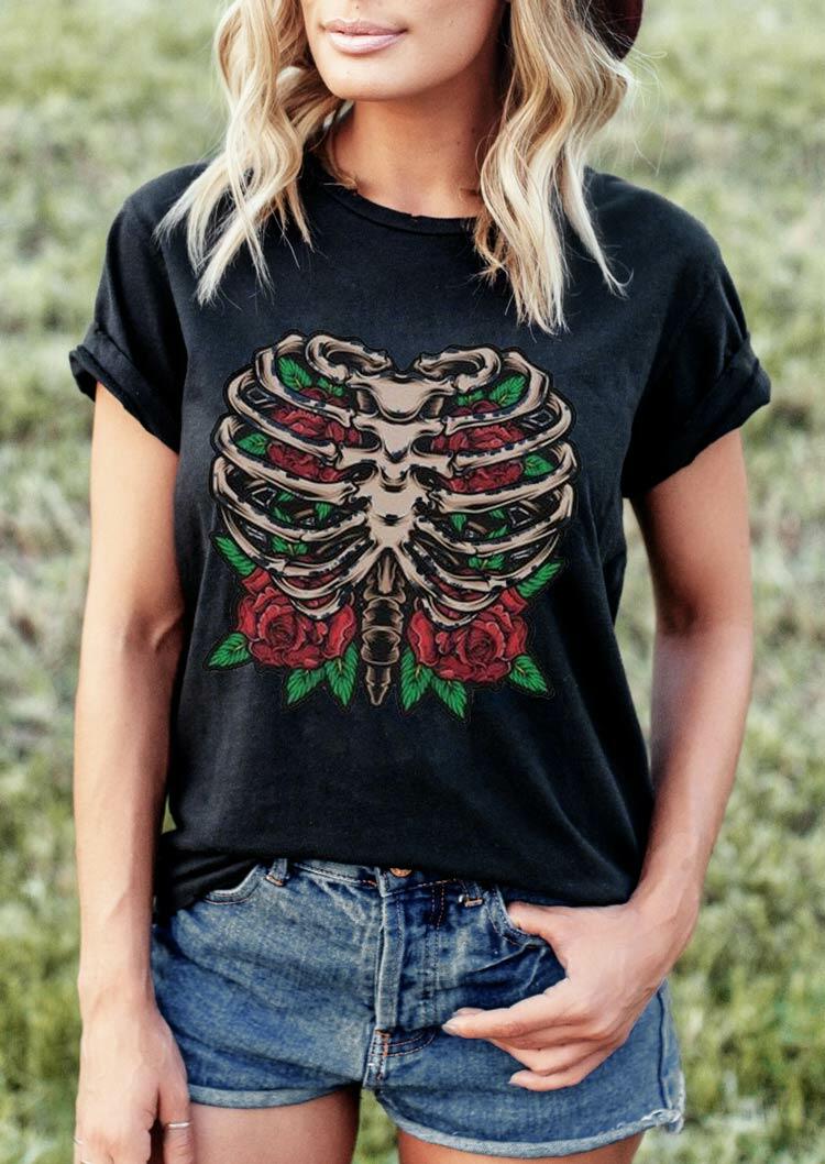 

Tees T-shirts Day Of The Dead Skeleton Rose T-Shirt Tee in Black. Size