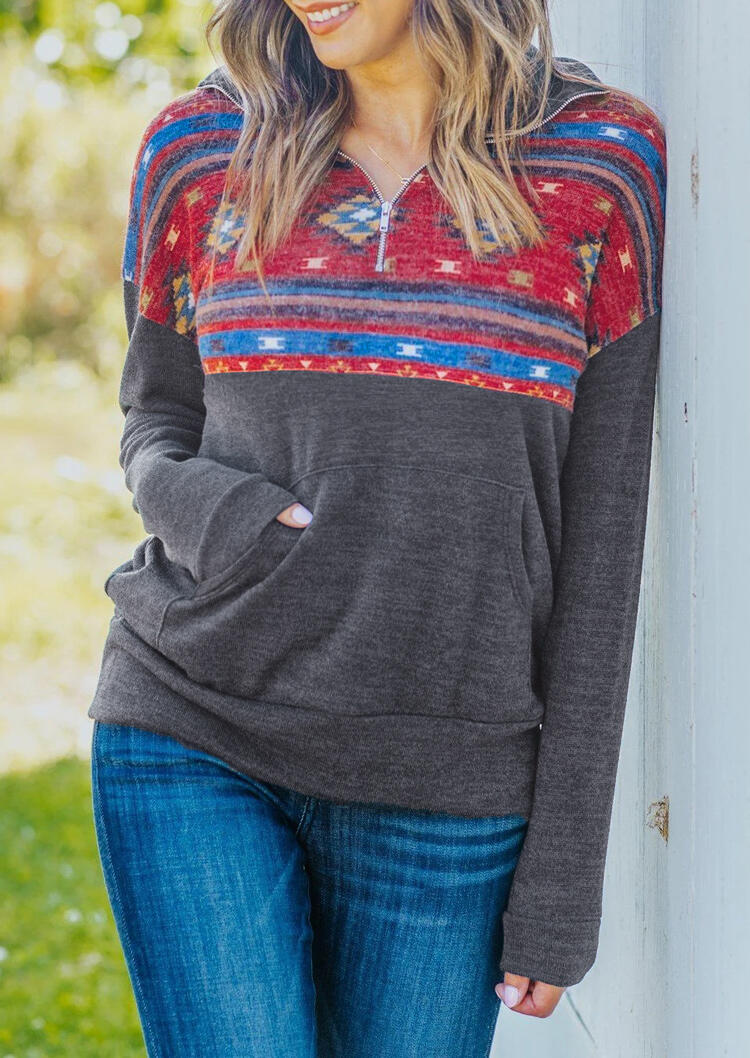 

Sweatshirts Aztec Geometric Western Cowgirl Zipper Collar Sweatshirt in Gray. Size