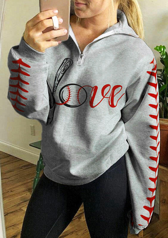 

Love Baseball Zipper Collar Sweatshirt - Light Grey, 482885