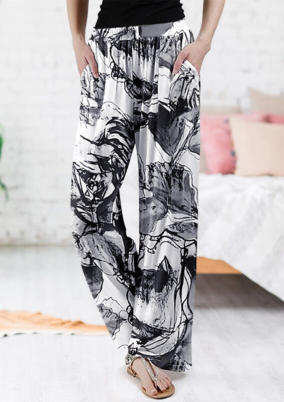 

Floral Ink Painting Pocket Wide Leg Pants - Black, 483162