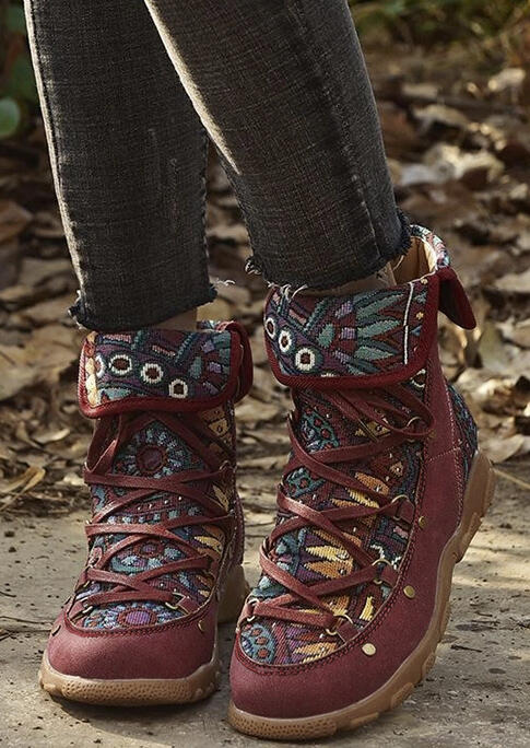 Floral Splicing Lace Up Round Toe Boots - Burgundy