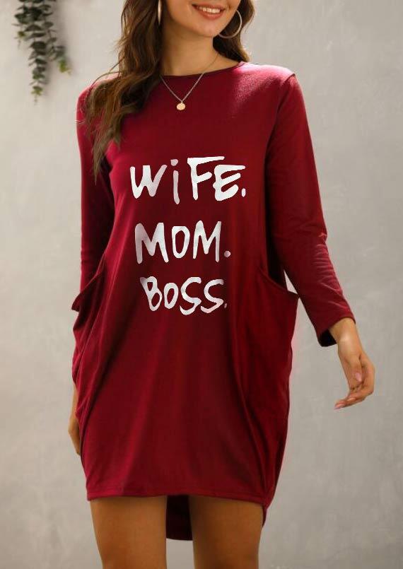 

Mini Dresses Wife Mom Boss Pocket Asymmetric Loose Mini Dress in Burgundy. Size