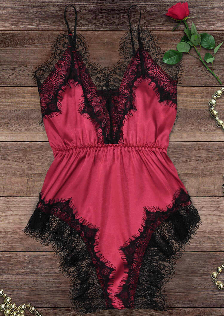 

Lace Splicing Ruffled Spaghetti Strap Sleepwear Bodysuit - Rose Red, 483433
