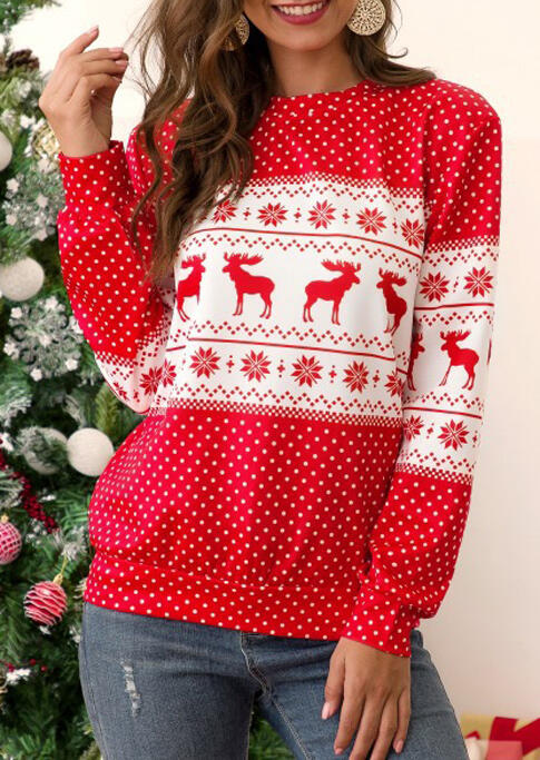 Christmas Reindeer Snowflake Polka Dot Sweatshirt - Red