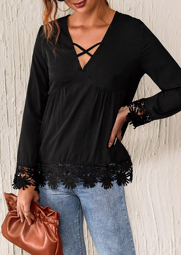 

Blouses Lace Splicing Criss-Cross Ruffled V-Neck Blouse in Black. Size