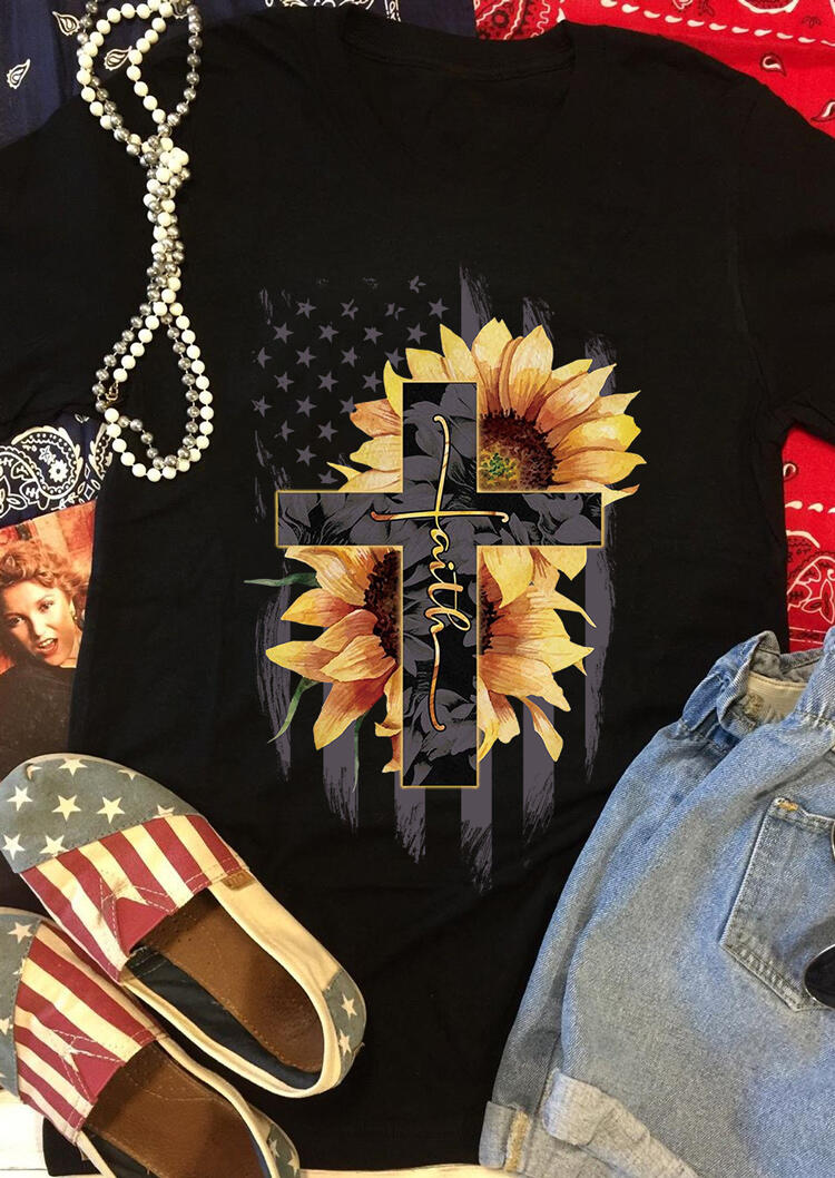 Sunflower Cross Faith American Flag Star T-Shirt Tee - Black