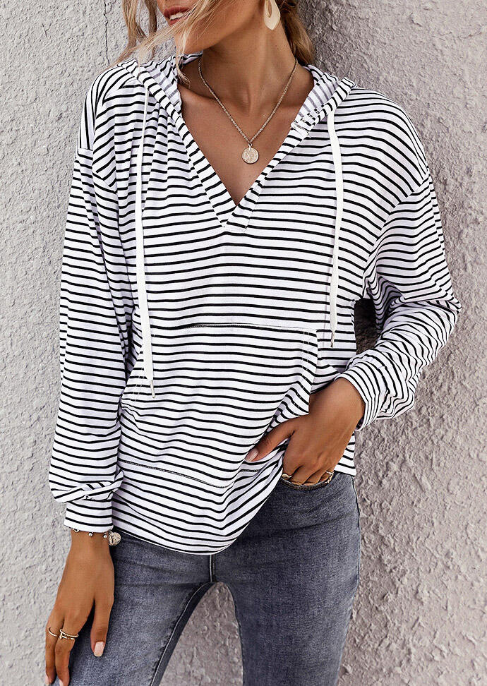 

Striped Drawstring Kangaroo Pocket V-Neck Hoodie, Stripe, 483908