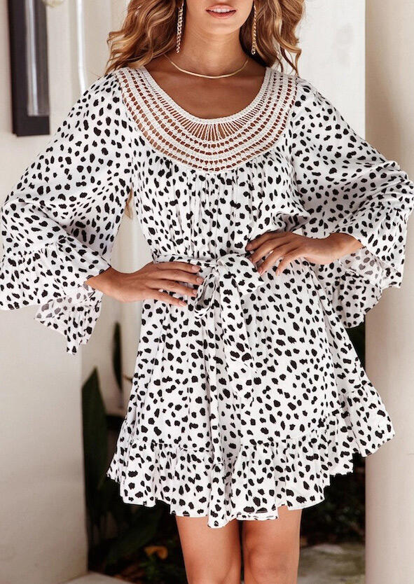 

Leopard Ruffled Hollow Out Macrame Mini Dress - White, 483928
