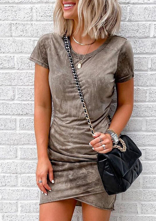 

Tie Dye Wrap Ruffled Bodycon Dress - Light Brown, 484061
