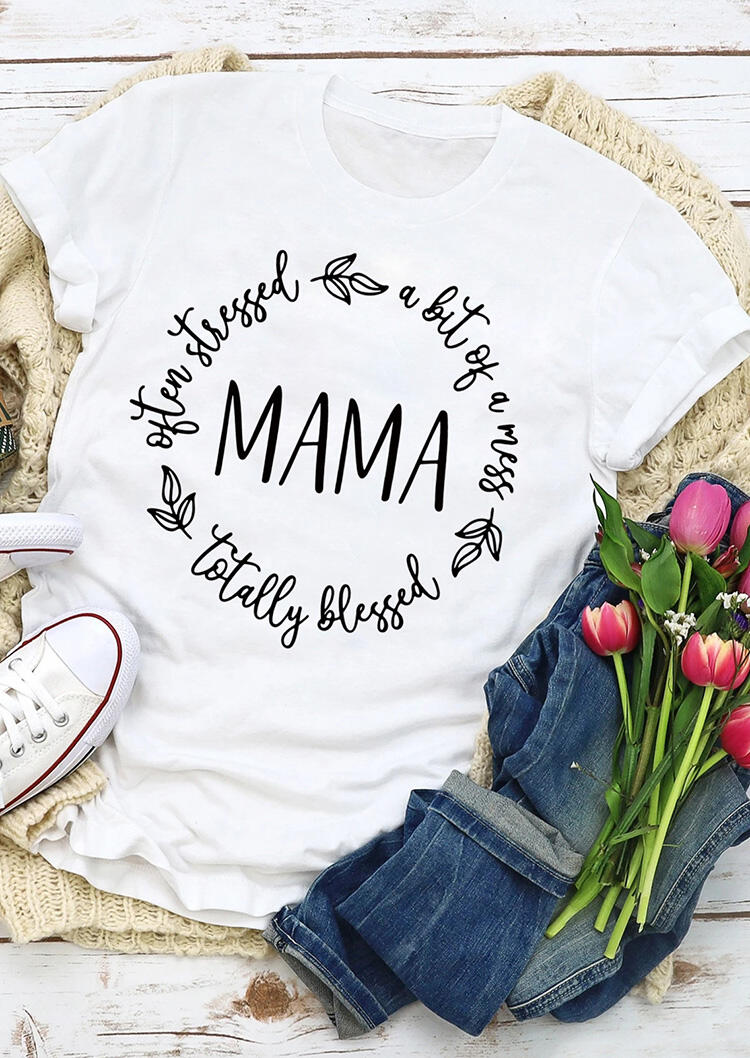 

T-shirts Tees Mama A Bit of A Mess Totally Blessed Leaf T-Shirt Tee in White. Size