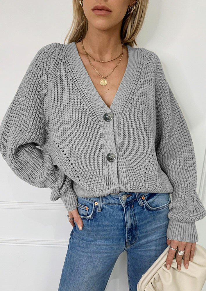 Button Batwing Sleeve Knitted V-Neck Sweater Cardigan - Gray - Fairyseason
