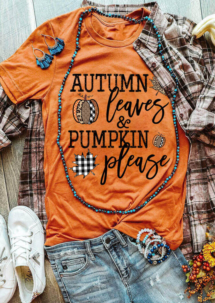 Thanksgiving Leopard Plaid Pumpkin Leaves Letter T-Shirt Tee - Orange