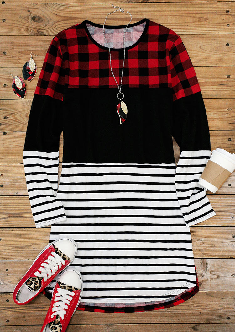 

Mini Dresses Buffalo Plaid Striped Color Block Splicing Mini Dress in Multicolor. Size: ,L,XL
