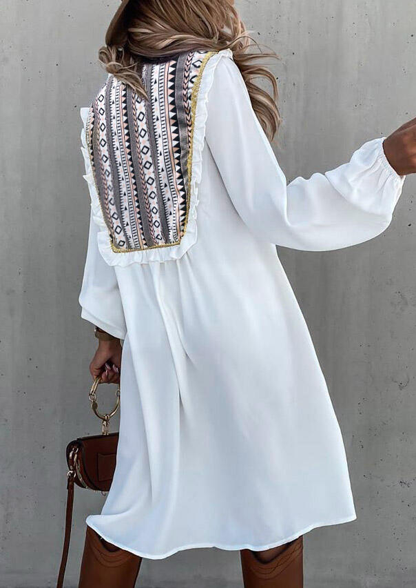 

Casual Dresses Aztec Geometric Ruffled Tassel Drawstring Casual Dress in White. Size