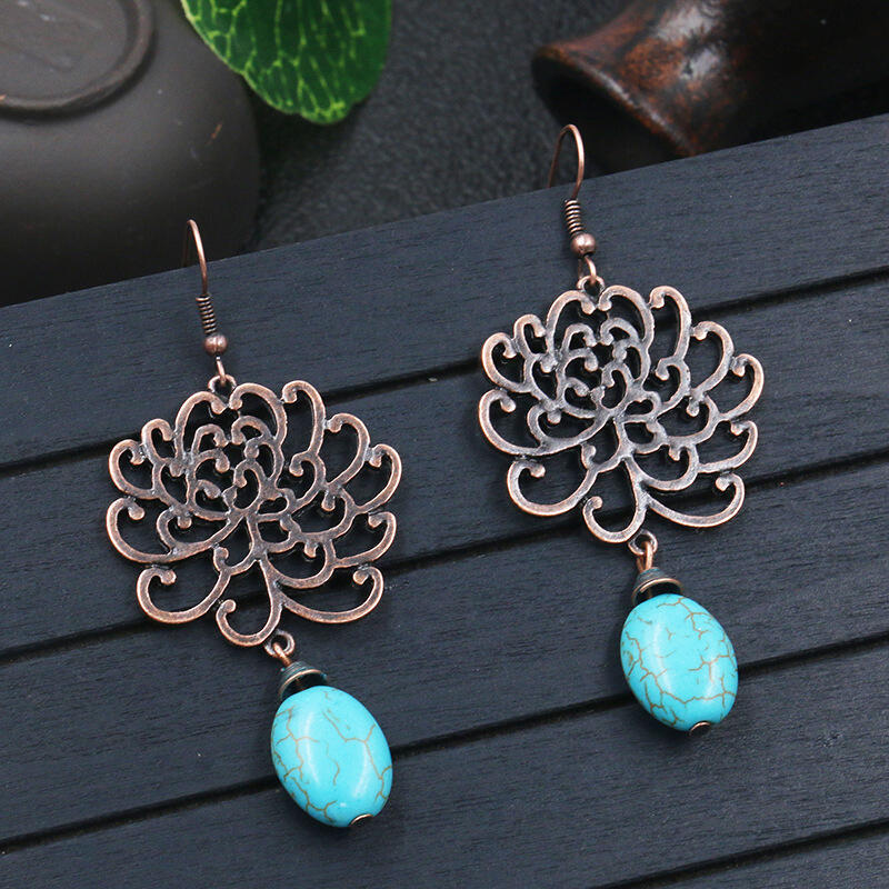 

Vintage Hollow Out Flower Turquoise Pendant Earrings, Red;cyan, 484115