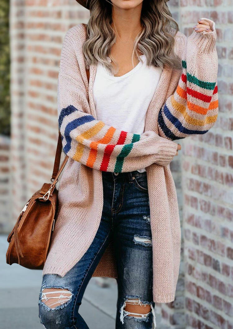 Colorful Striped Splicing Knitted Sweater Cardigan - Light Pink