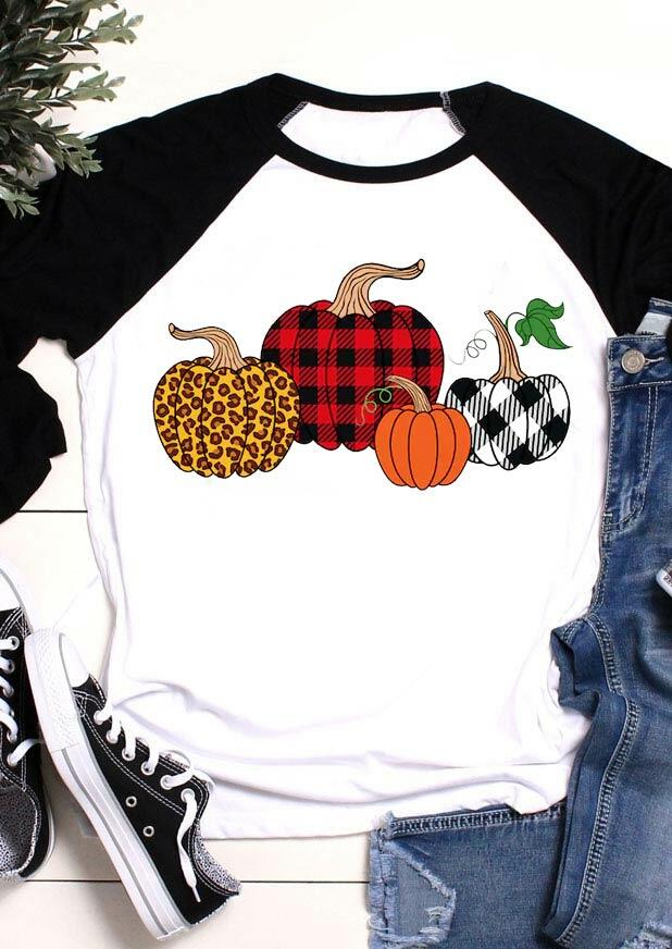 Buffalo Plaid Leopard Pumpkin T-Shirt Tee - White