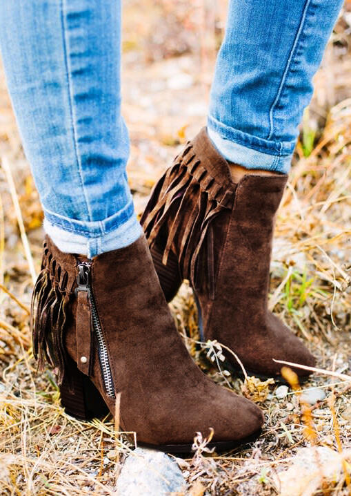 

Boots Western Tassel Zipper Chunky Heel Ankle Boots in Brown. Size