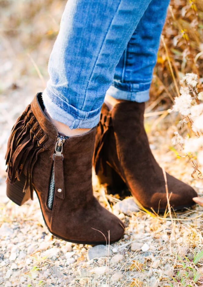 Western Tassel Zipper Chunky Heel Ankle Boots - Brown - Fairyseason