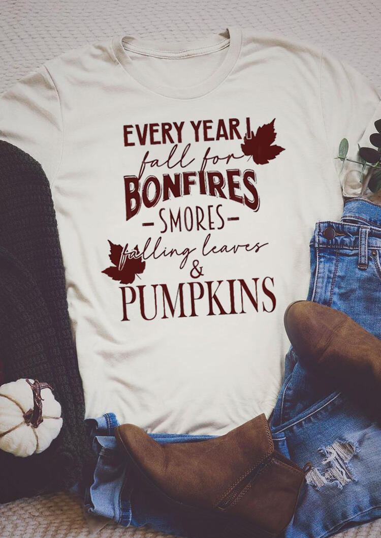 Falling Leaves & Pumpkins Graphic T-Shirt Tee - Beige