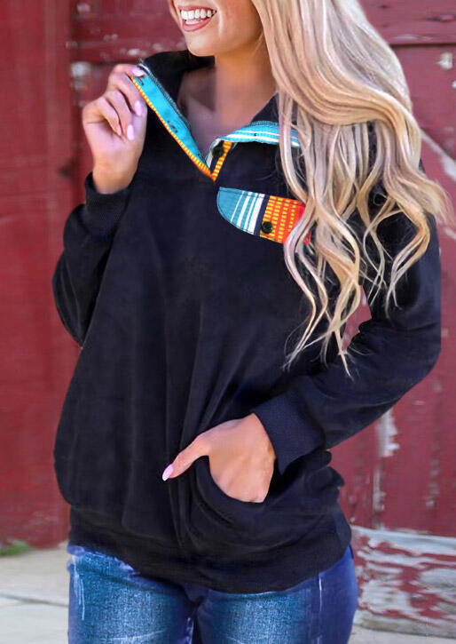 Serape Pocket Button Pullover Sweatshirt - Navy Blue
