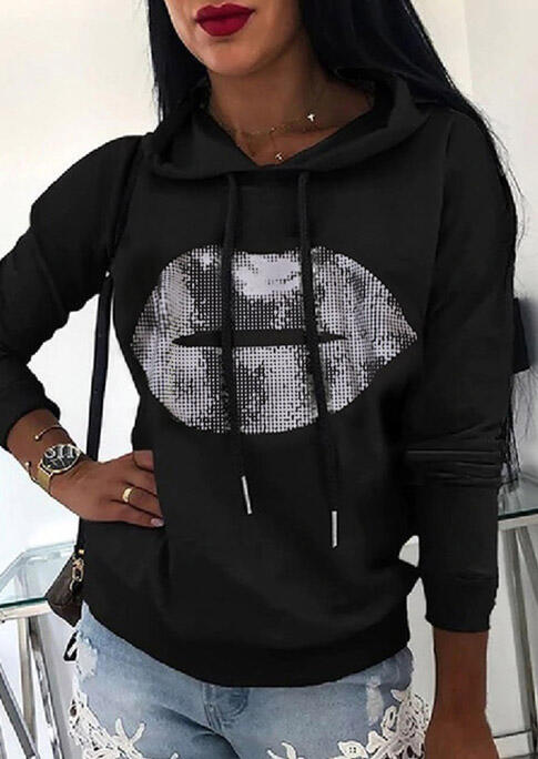 

Hoodies Lips Pattern Drawstring Long Sleeve Casual Pullover Hoodie in Black. Size
