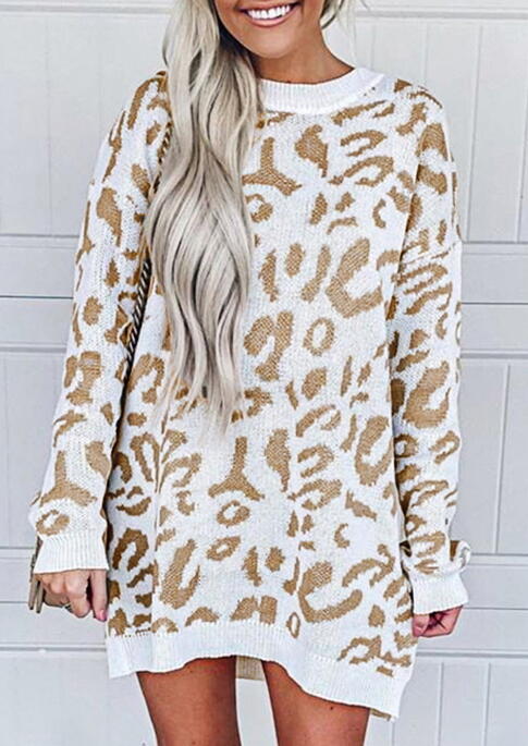 

Leopard Splicing Knitted Long Sleeve Sweater Mini Dress, 484159