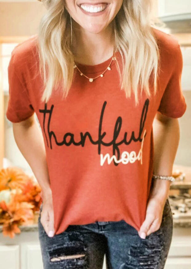 

Tees T-shirts Thankful Mood O-Neck T-Shirt Tee in Orange. Size