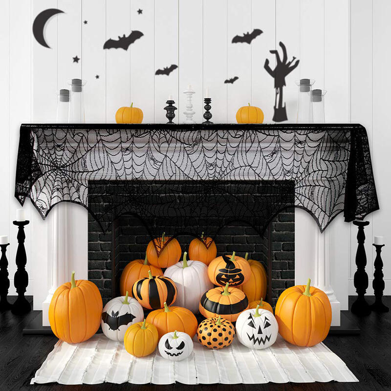 

Halloween Lace Spiderweb Fireplace Mantle Scarf Cover, Black, 484167