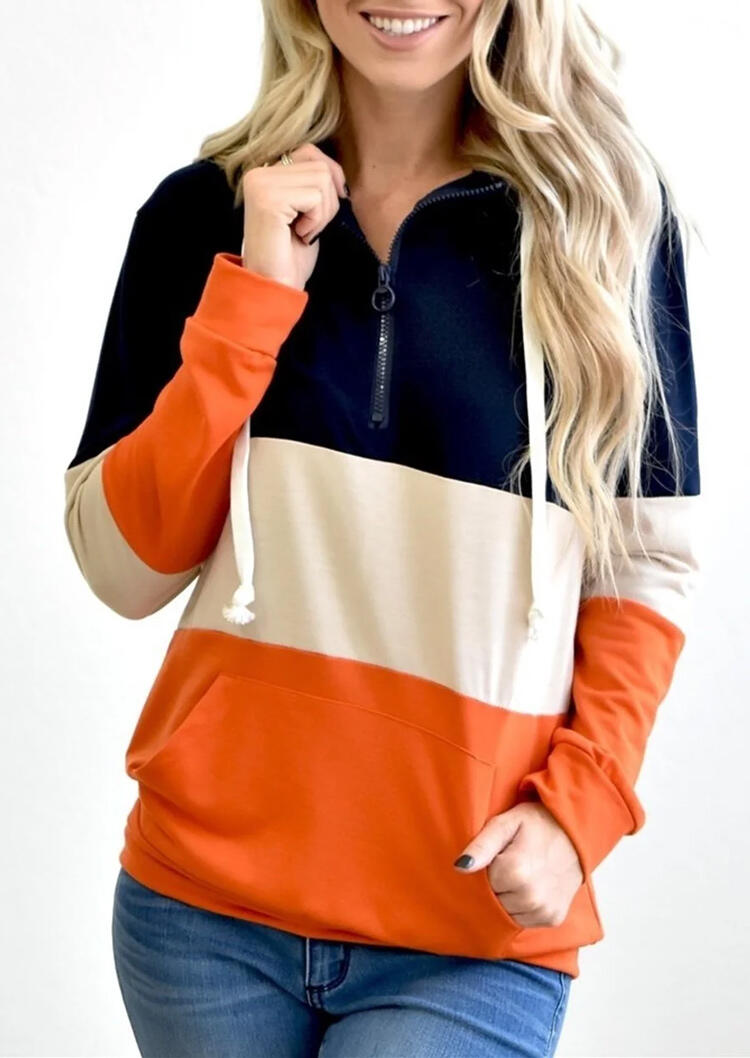 

Hoodies Color Block Zipper Drawstring Kangaroo Pocket Hoodie in Multicolor. Size