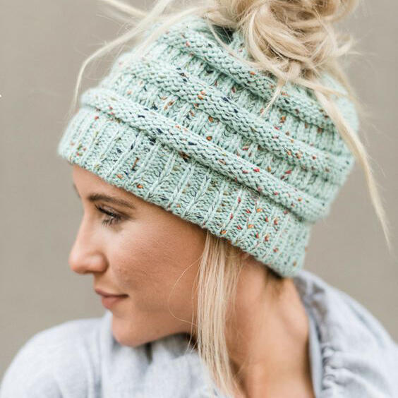 

Warm Soft Lined Knitted Ponytail Beanie Hat, Black;burgundy;light blue, 484199