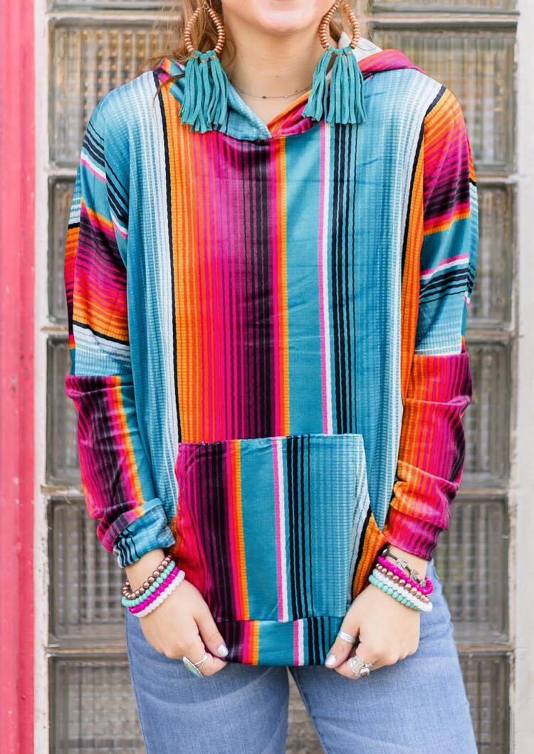 

Hoodies Serape Striped Kangaroo Pocket Hoodie in Multicolor. Size