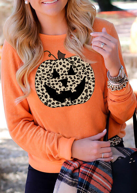 

Sweatshirts Halloween Leopard Pumpkin Face Sweatshirt in Orange. Size