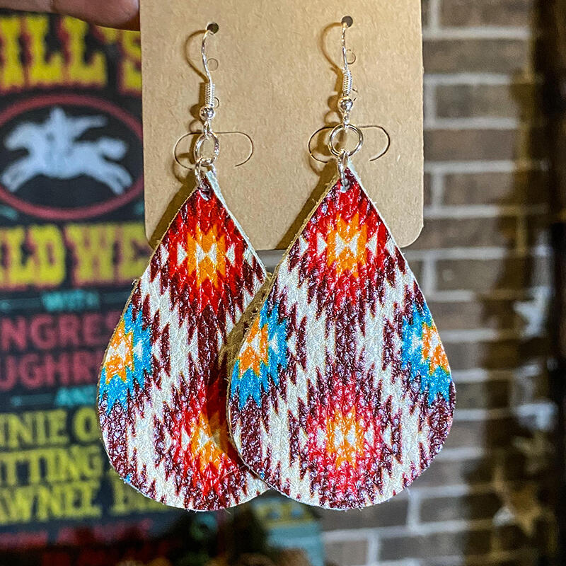 

Earrings Aztec Geometric Water Drop Leather Earrings in Multicolor. Size