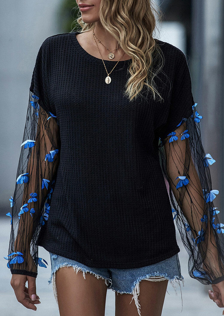 

Mesh Butterfly Splicing O-Neck Blouse - Black, 484300