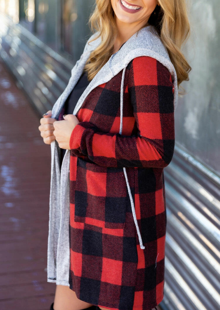 

Cardigans Buffalo Plaid Splicing Drawstring Hooded Cardigan in Plaid. Size