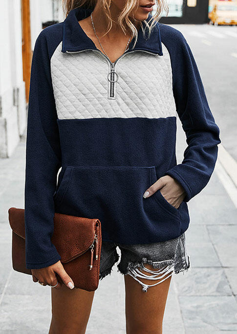 Zipper Collar Splicing Kangaroo Pocket Pullover Sweatshirt - Navy Blue